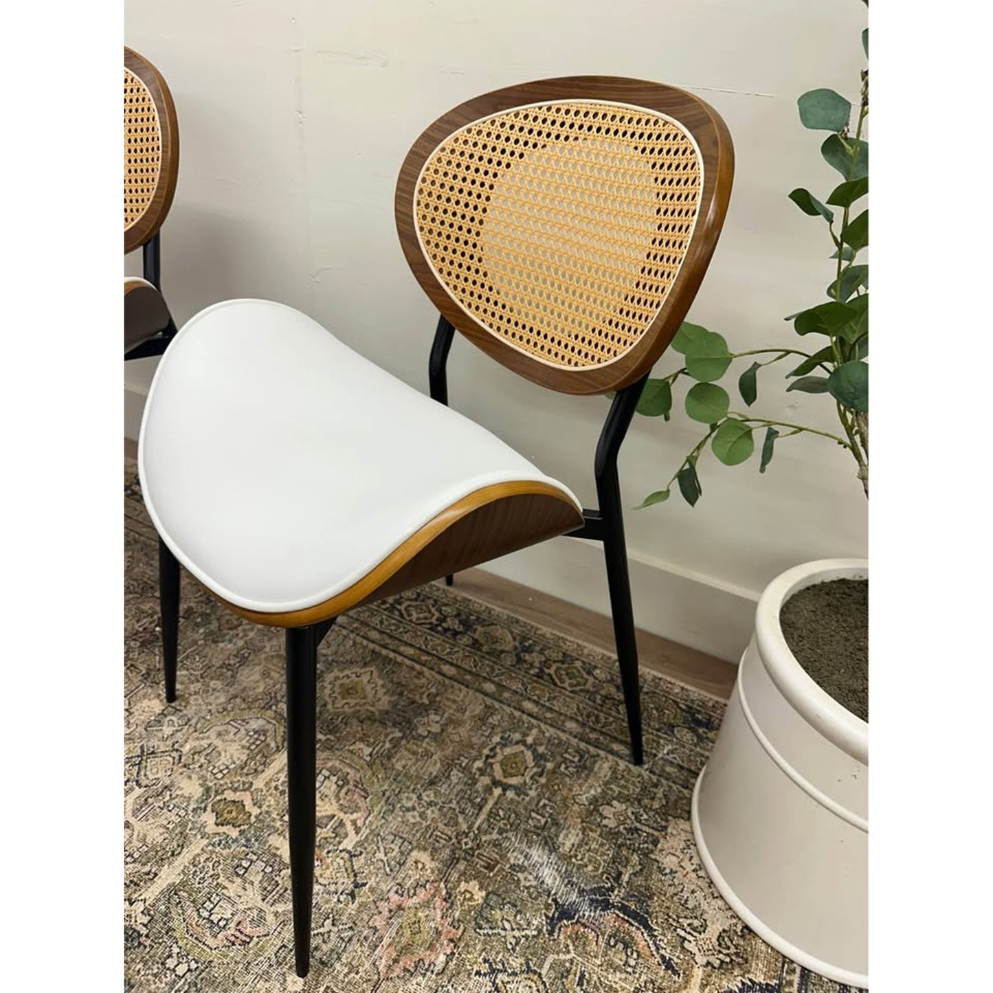 Wooden Oval Back Dining Chair Fabric Padded Seat Rattan Woven Kitchen Restaurant Cafe Set of 2