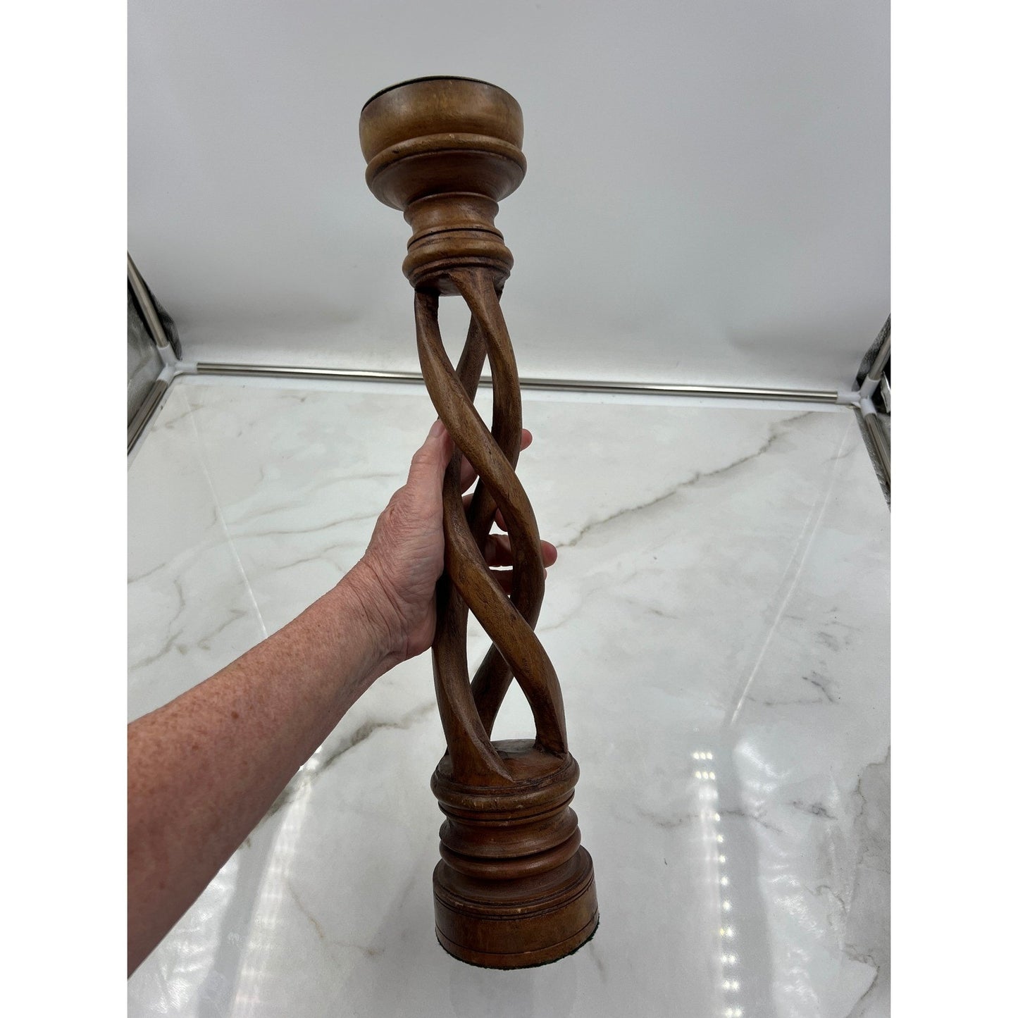 VTG Wooden Barley Twist Candlestick Holder Tall 18 Inch Spiral Carved Wood India