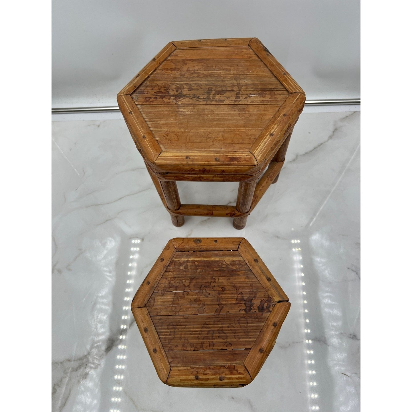 Vintage Tortoise Bamboo Octagon Stool Plant Stand Stackable Set of 2