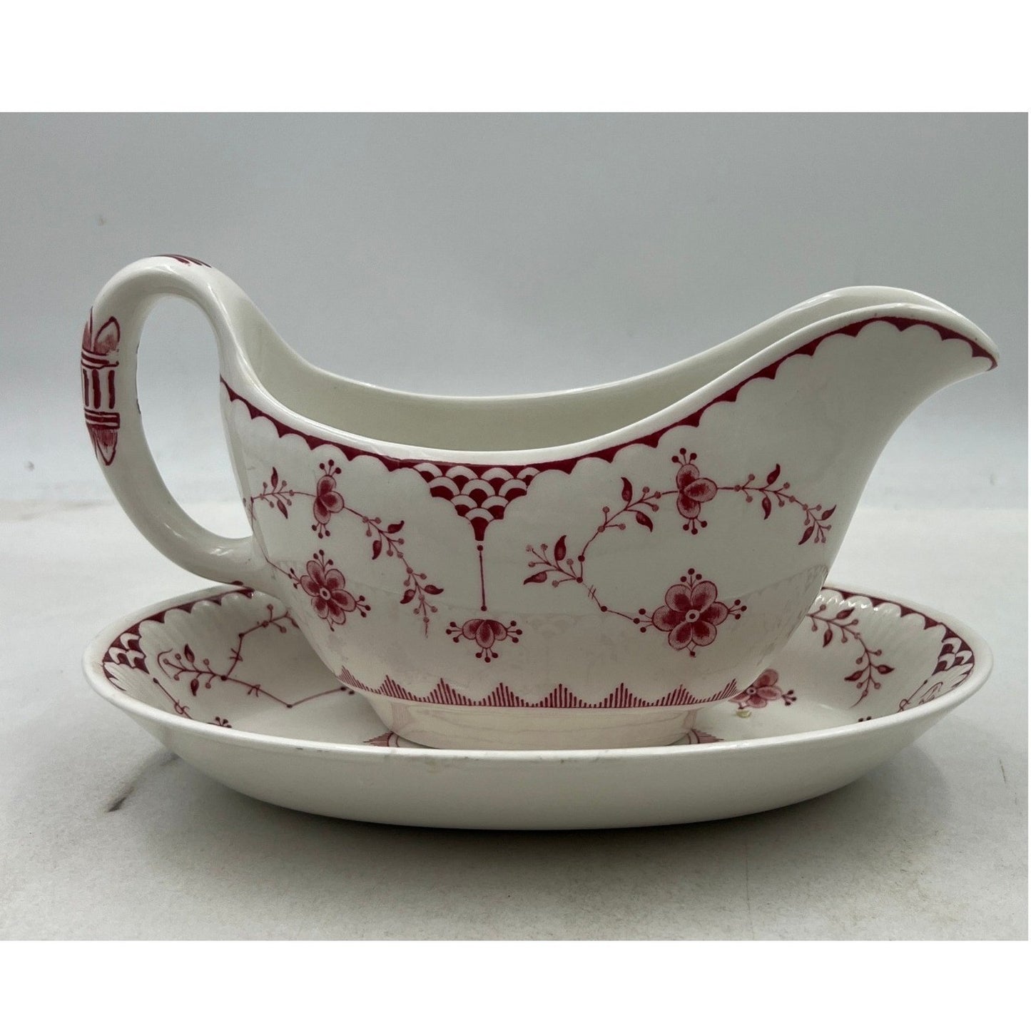 ERICA By Franciscan Pink White Vintage Gravy Boat W/Underplate Made In England