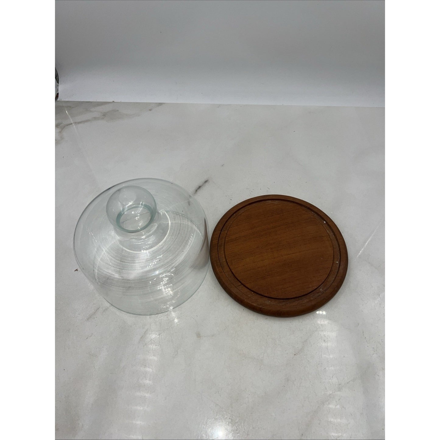 VTG Dolphin Teakwood Cheese Tray Dome Cloche Covered Glass Serving Dish