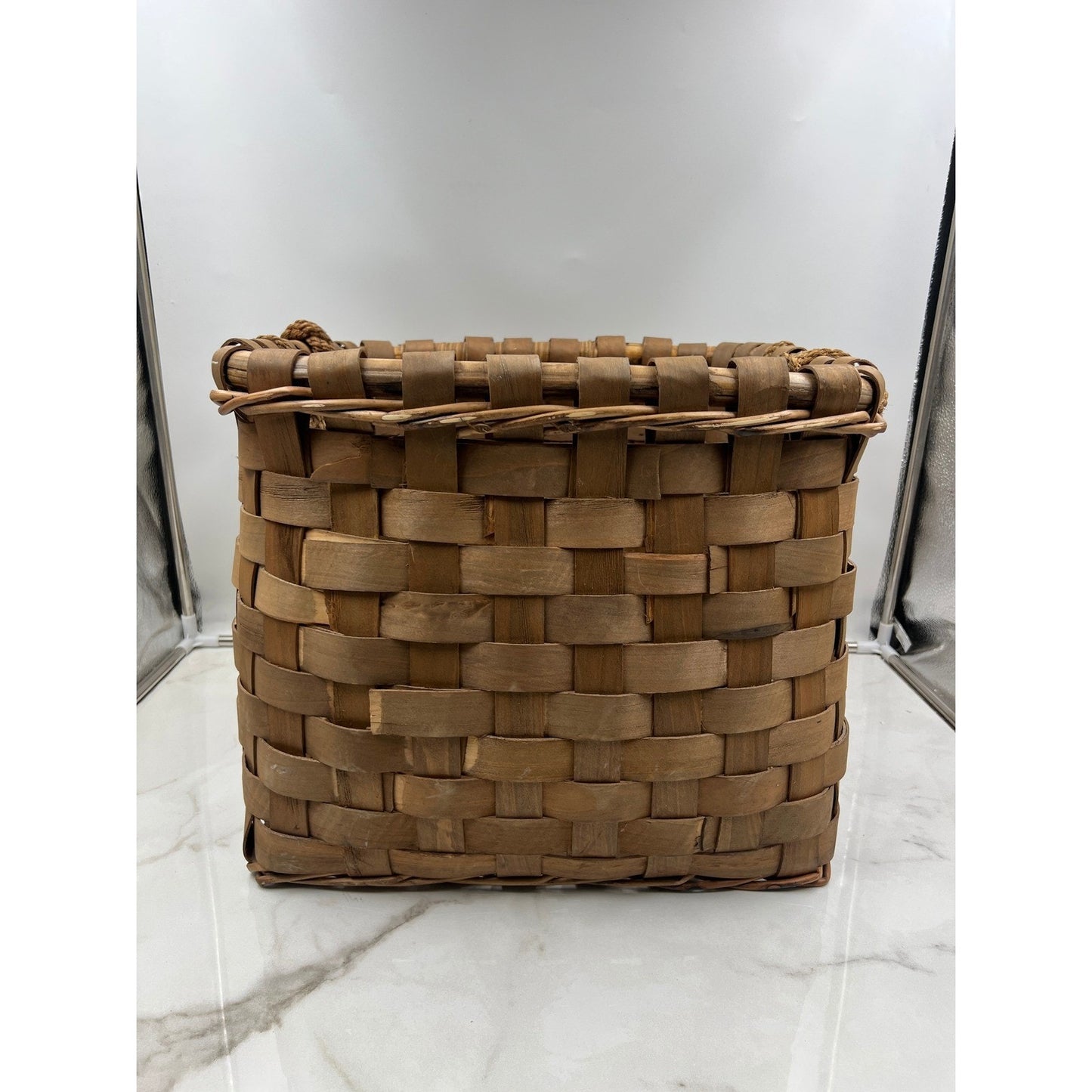 Vintage Woven Wood Splint Basket Square Farmhouse Storage with Rope Handles