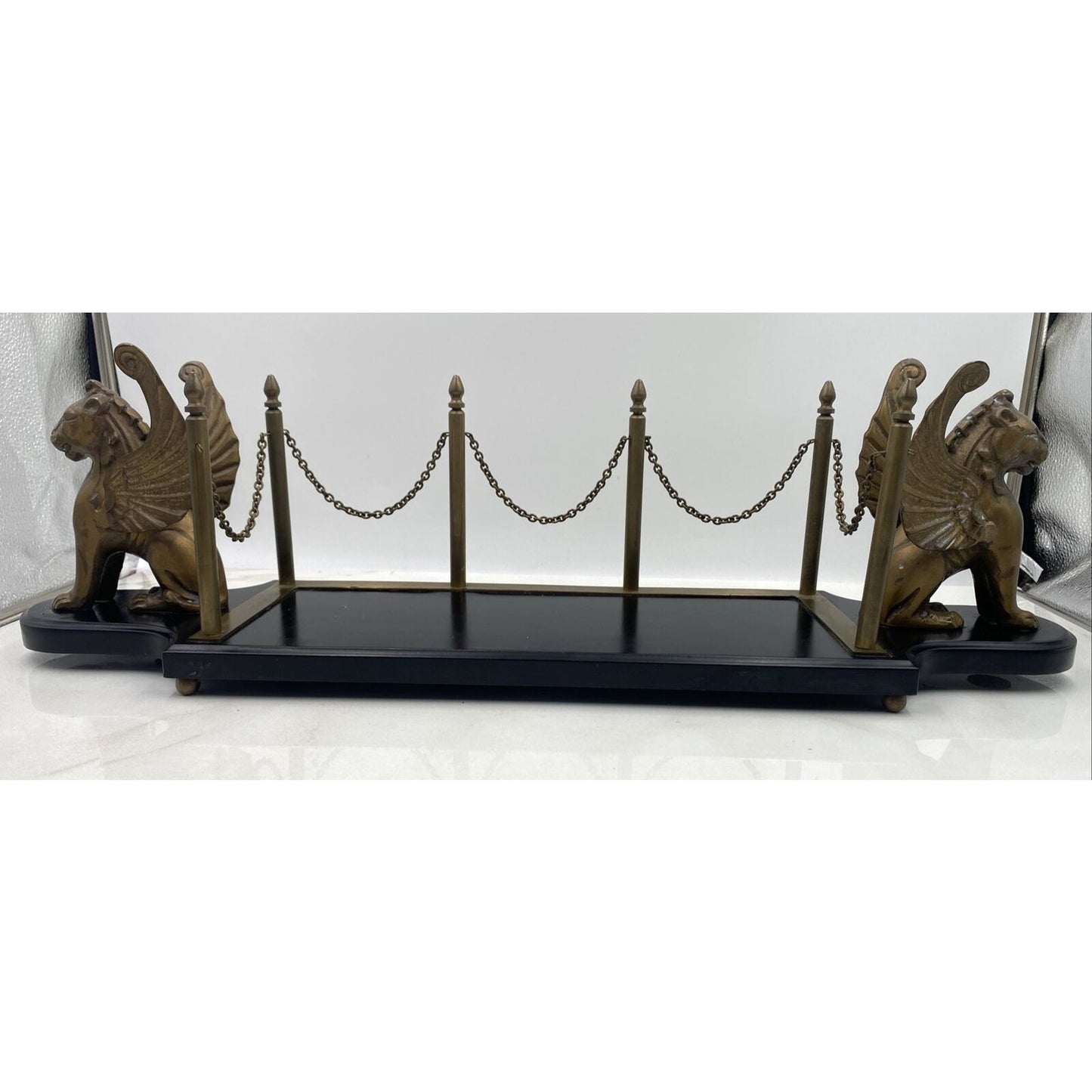 VTG Egyptian Brass Desk Book Holder Griffins Decanter Holder Stand Barware MCM