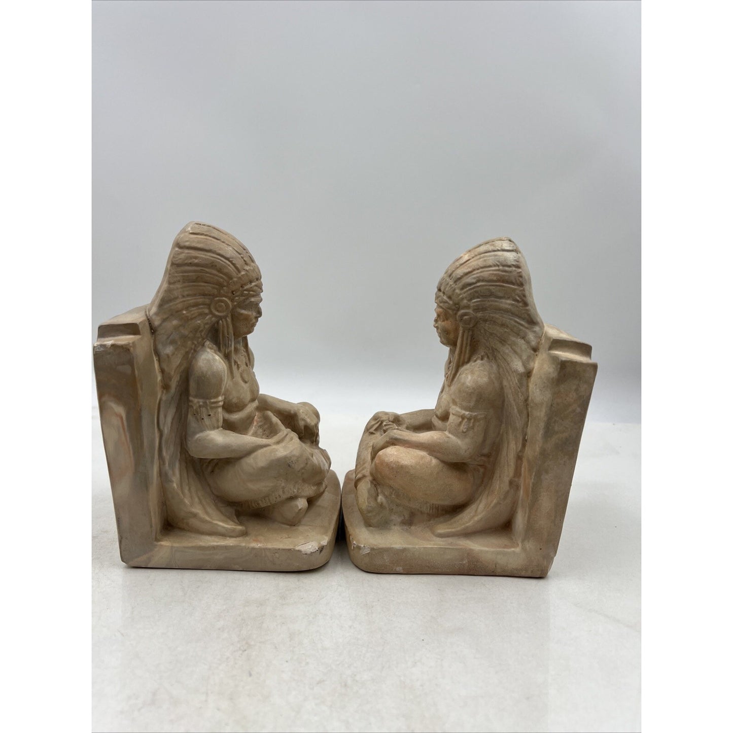 Vintage Montana Swirl Bookends Native American Chief Clay Pottery Set of 2