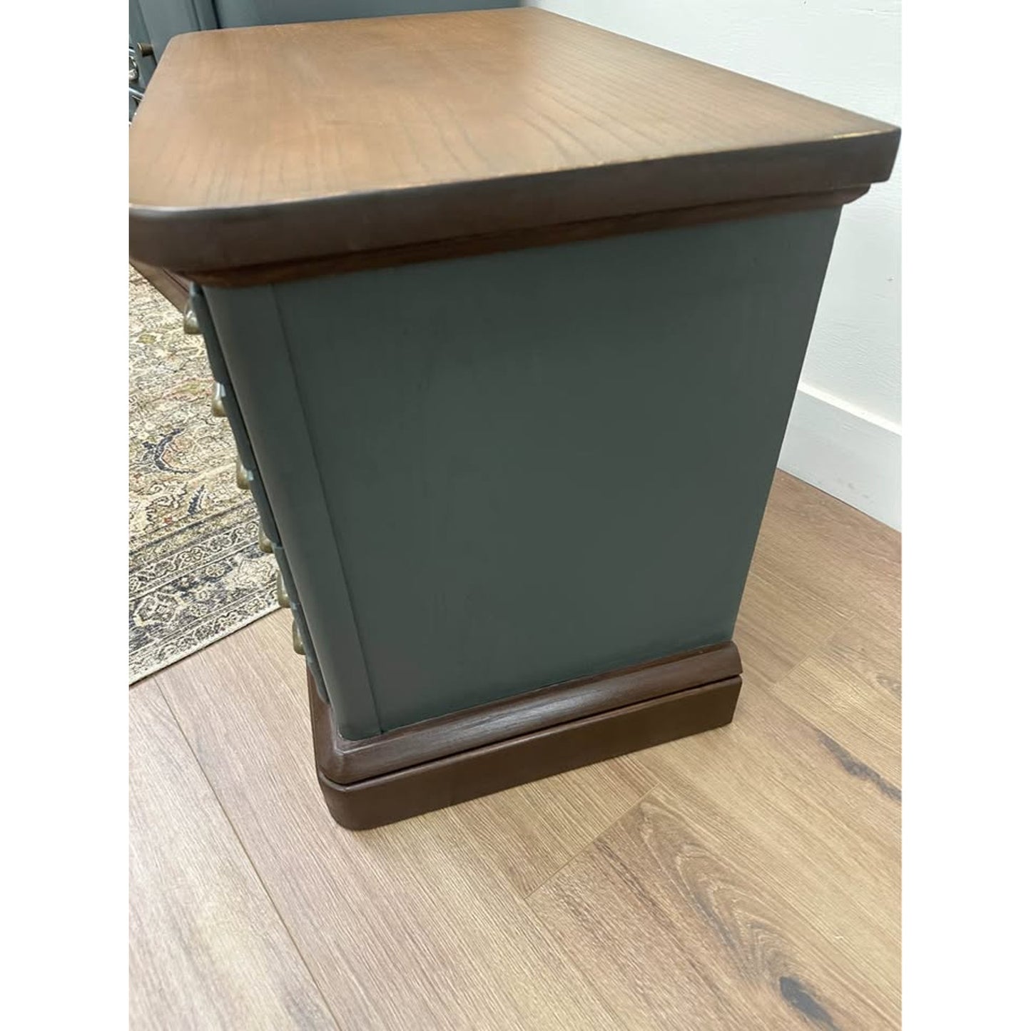 VTG Stanley Dresser Set Dresser Nightstands Dark Green Brass Apothecary Style Wood Stained Top
