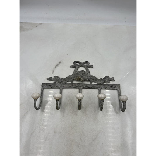 Vintage Cast Iron Wall Hook Rack Ornate French Bow Ribbon 5 Hooks Ceramic Tips