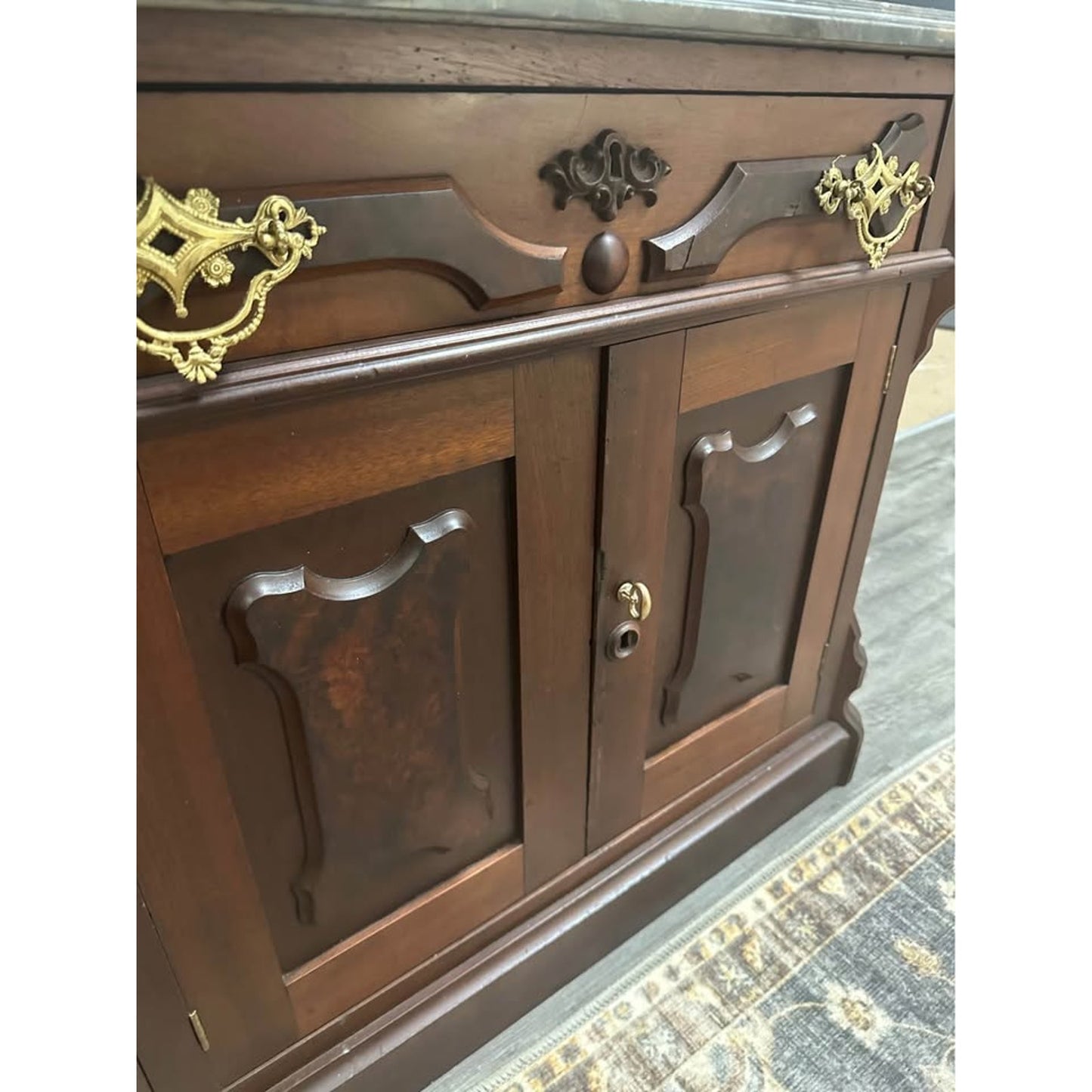 Antique Victorian Mahogany Entry Table Dresser Side Table Cabinet Mirror Marble Top