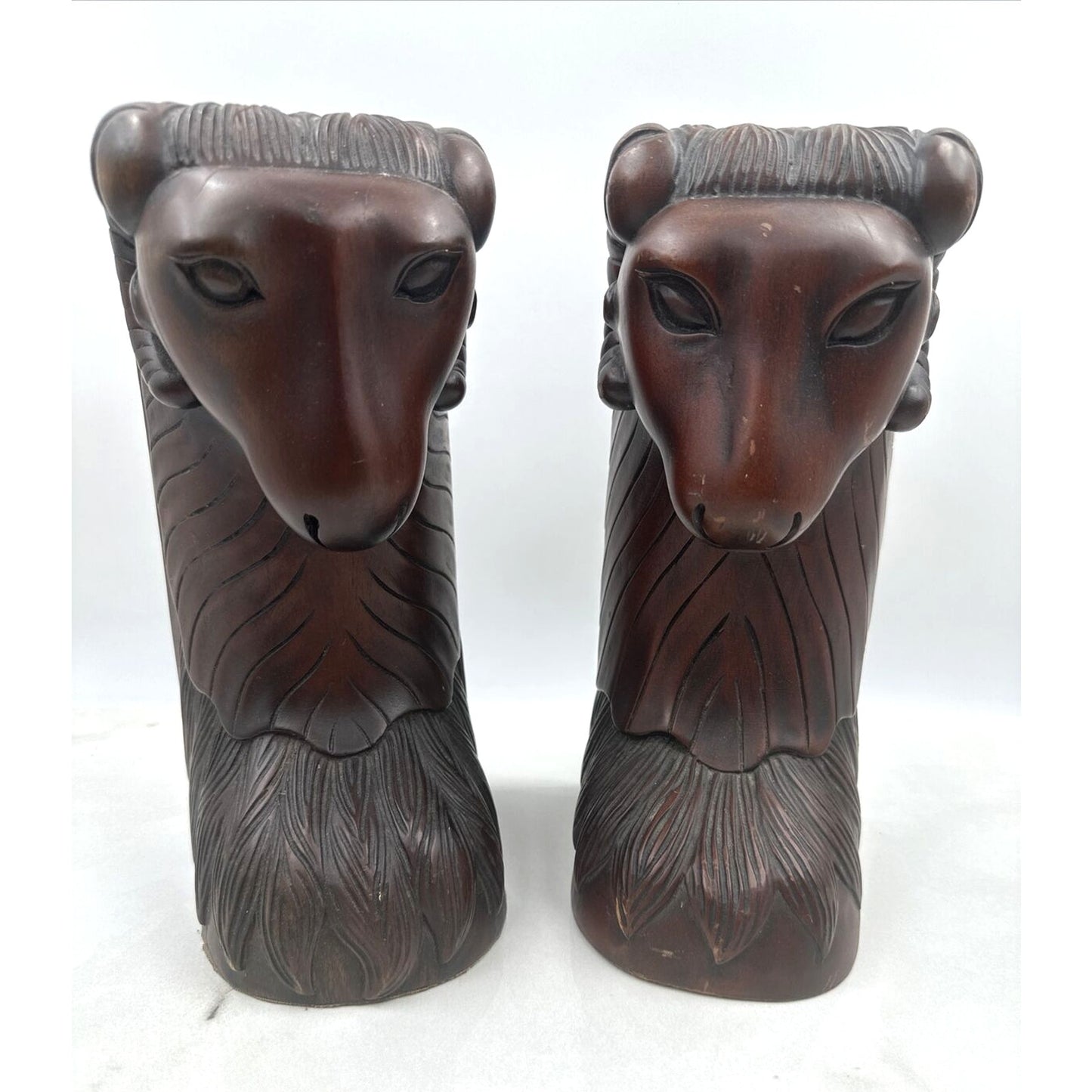 Vintage Alcam Carved Wood Rams Head Bookends Made Indonesia Ironwood