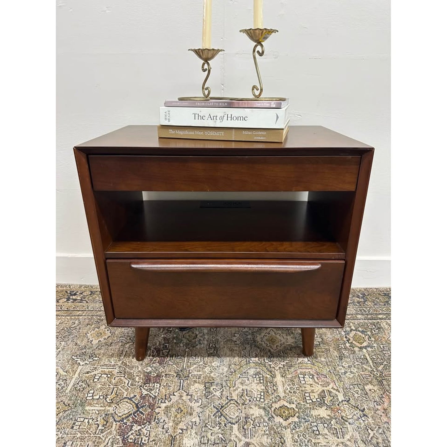 Valentin 2 - Drawer Nightstand Built-In Outlets Dark Wood MCM Style