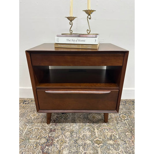 Valentin 2 - Drawer Nightstand Built-In Outlets Dark Wood MCM Style