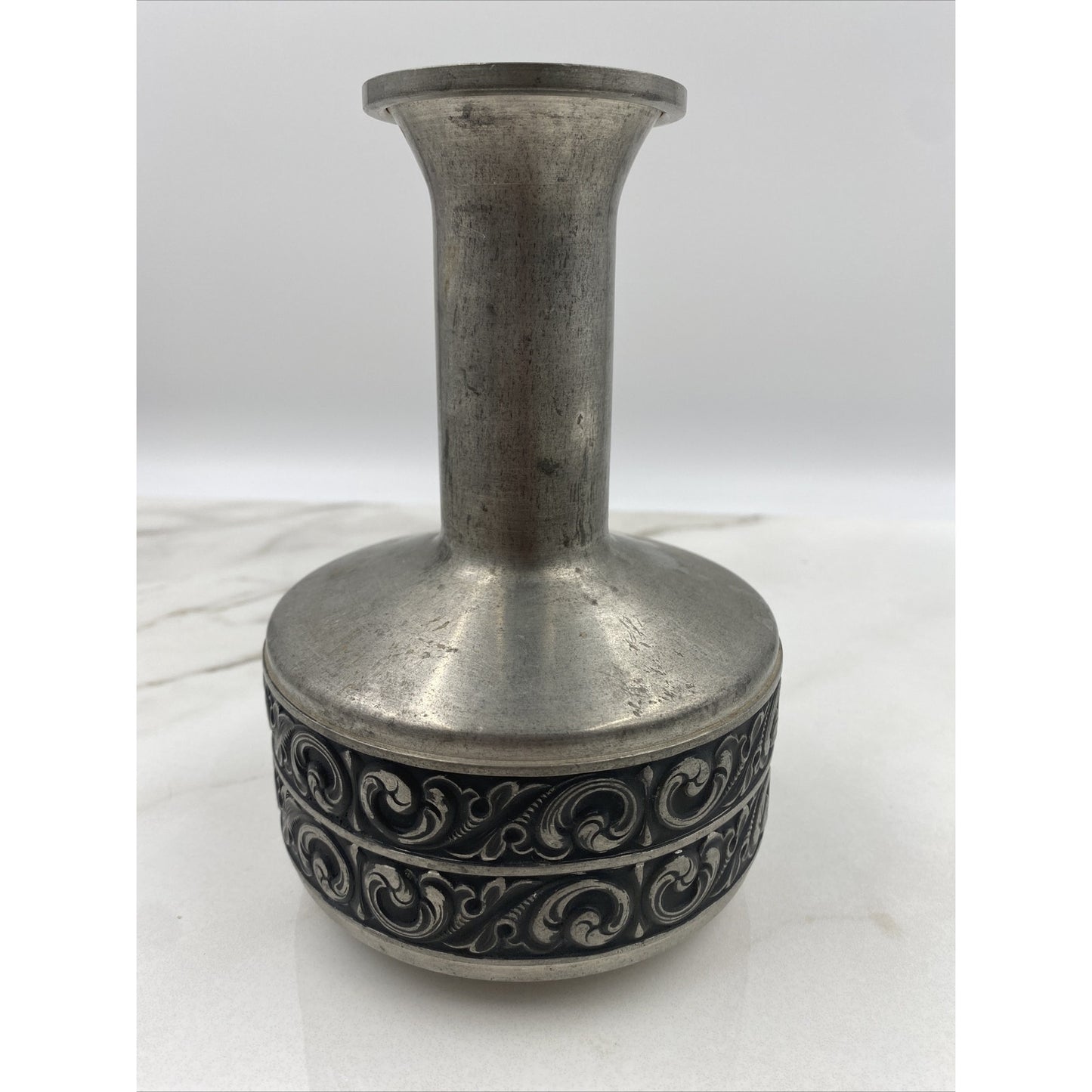 VTG Norsk Tinn Pewter Vase Bud Vase Vaga Etched Norwegian 7.5" Tall