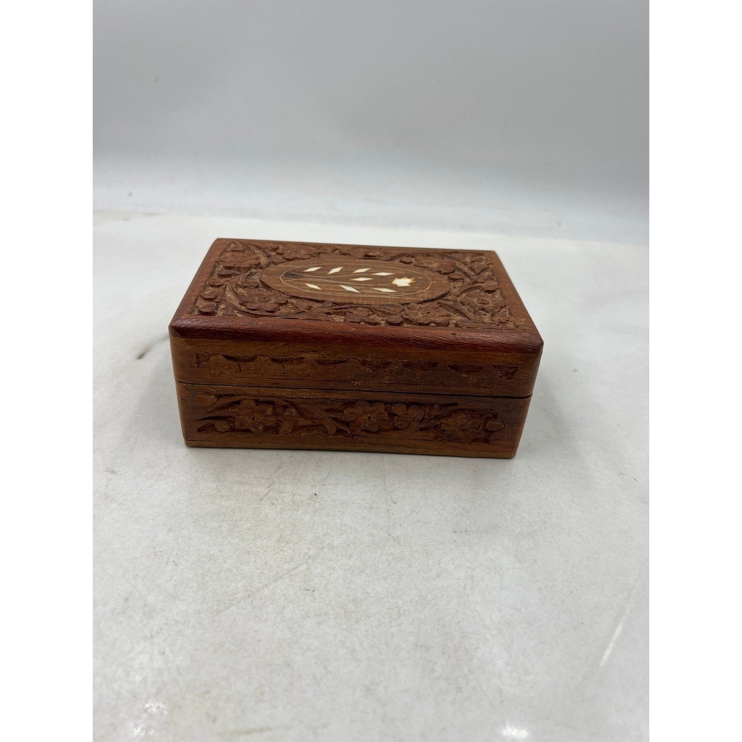 Hand Carved Wooden Jewelry Box Trinket Keepsake Ornate Floral Inlay