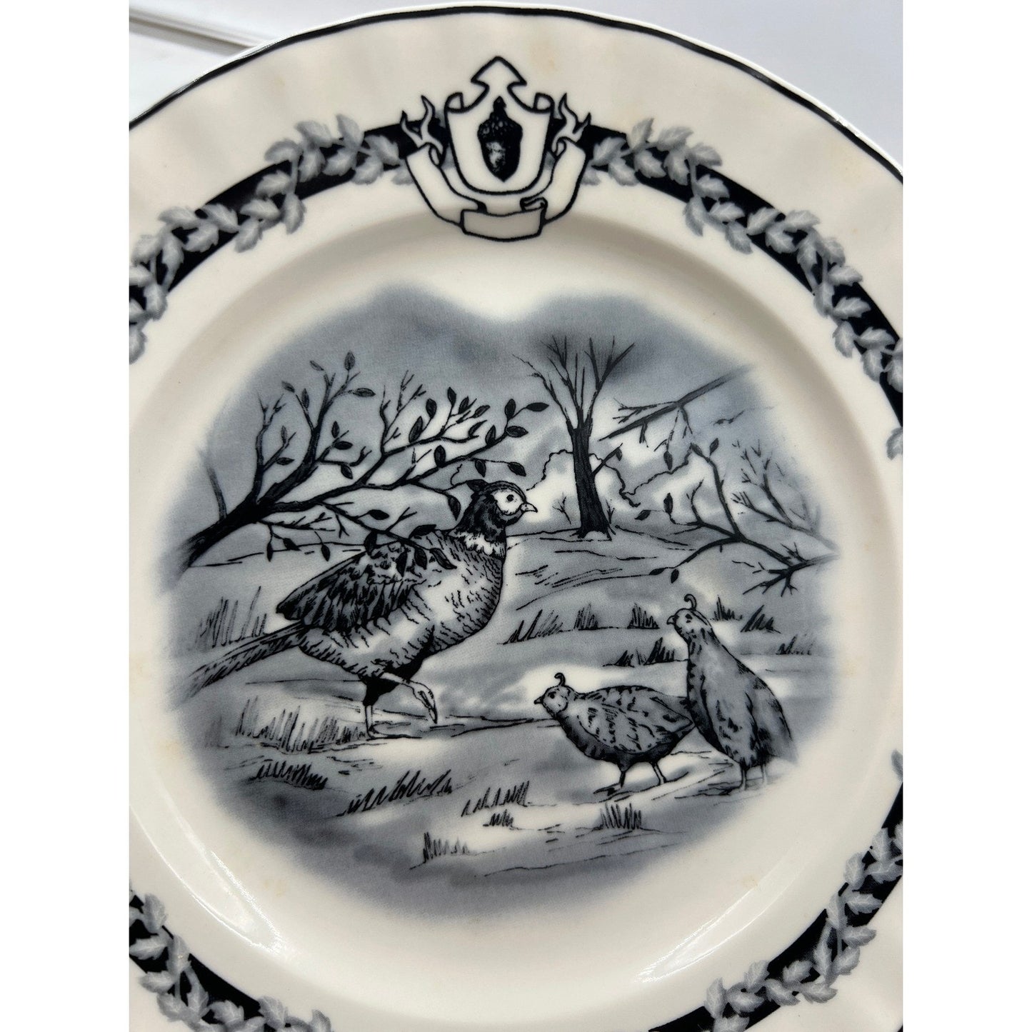 Mary Carol Home Collection Pheasant Quail Plate Black White Scalloped 8"