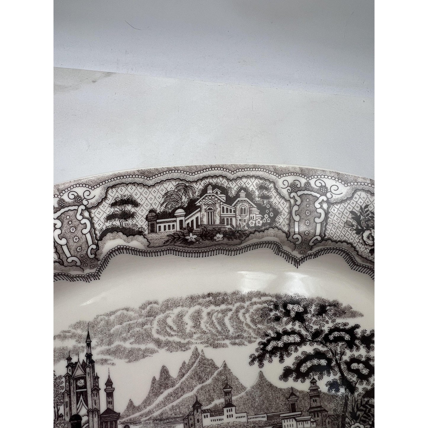 Two's Company Victorian Toile Oval Ceramic Platter Brown 18" Large China Decor