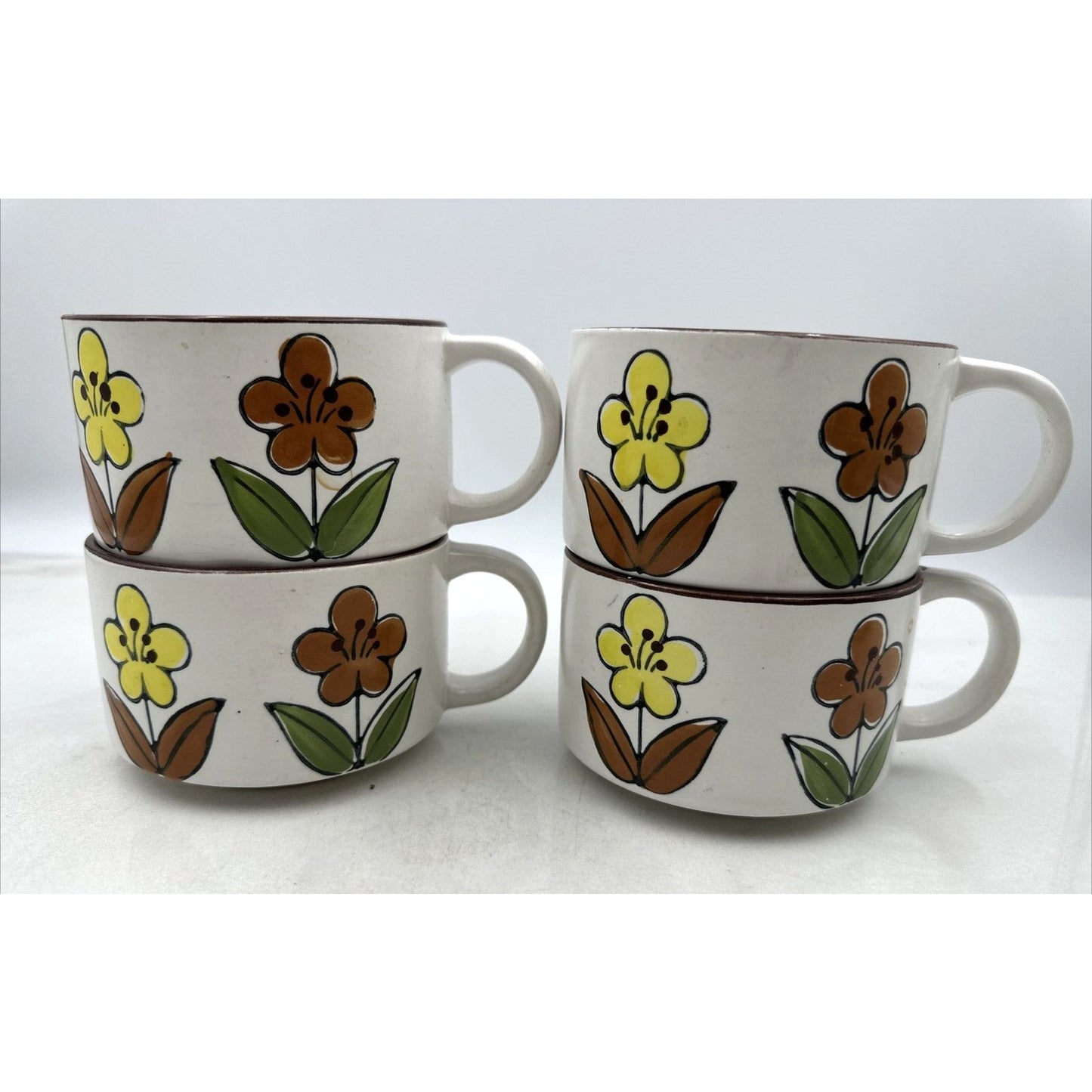 Vintage Pottery Soup Mugs Bowls Handled Mid Century Flowers Retro Lot of 4