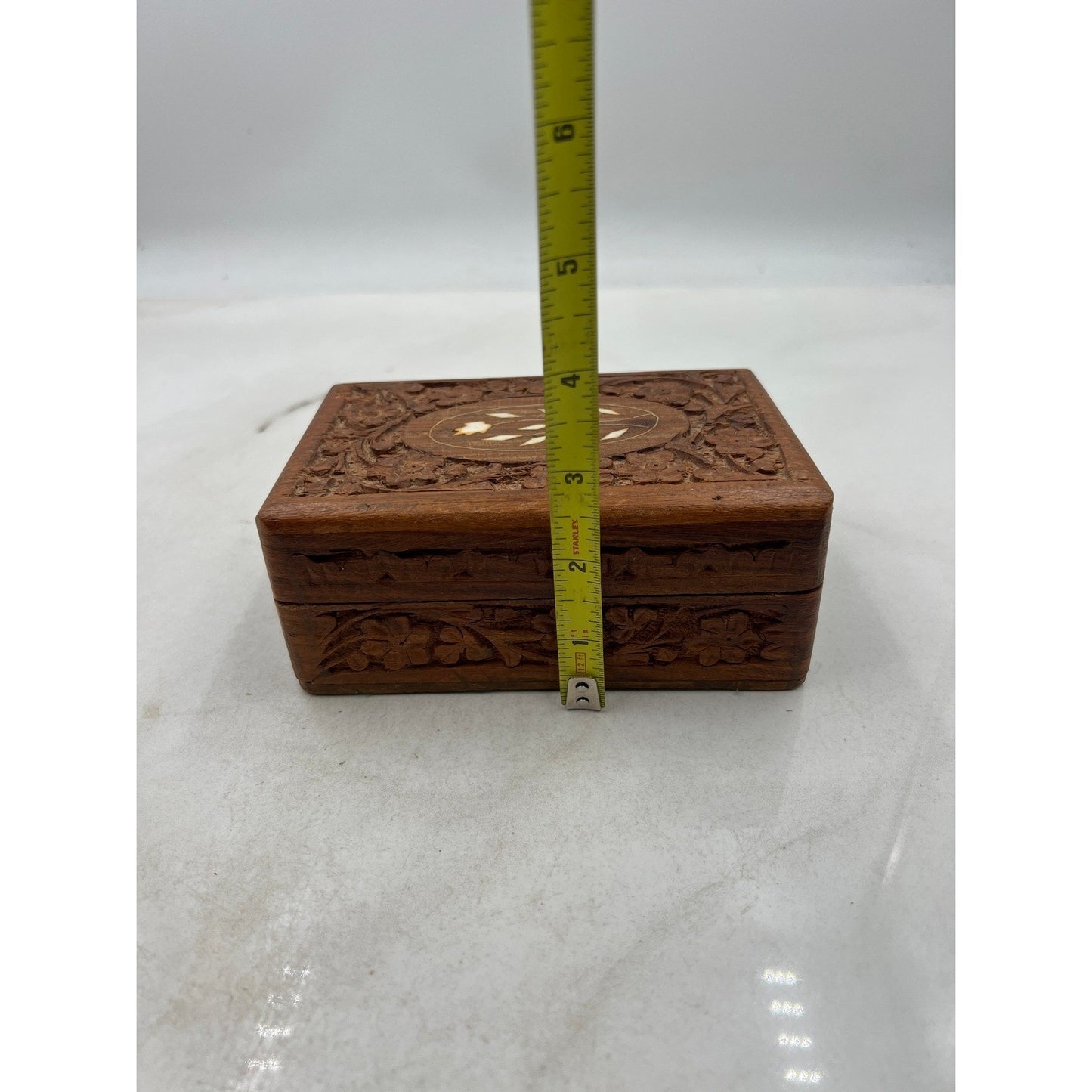 Hand Carved Wooden Jewelry Box Trinket Keepsake Ornate Floral Inlay