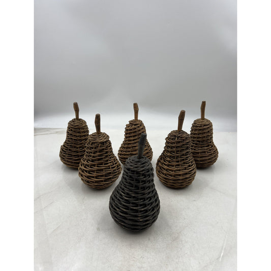 Vintage Wicker Pear Figurines Set of 6 Handwoven Rustic Fruit Basket Decor Brown