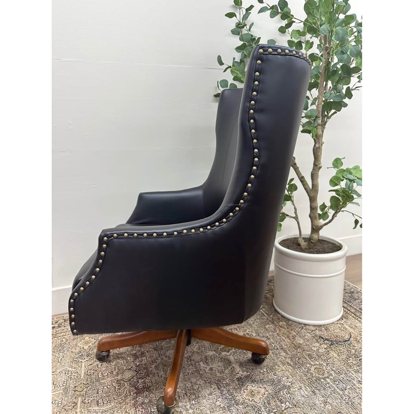 Leon Office Chair-BLACK Vegan Leather Nailhead Trim Executive Rolling Wood Base Desk