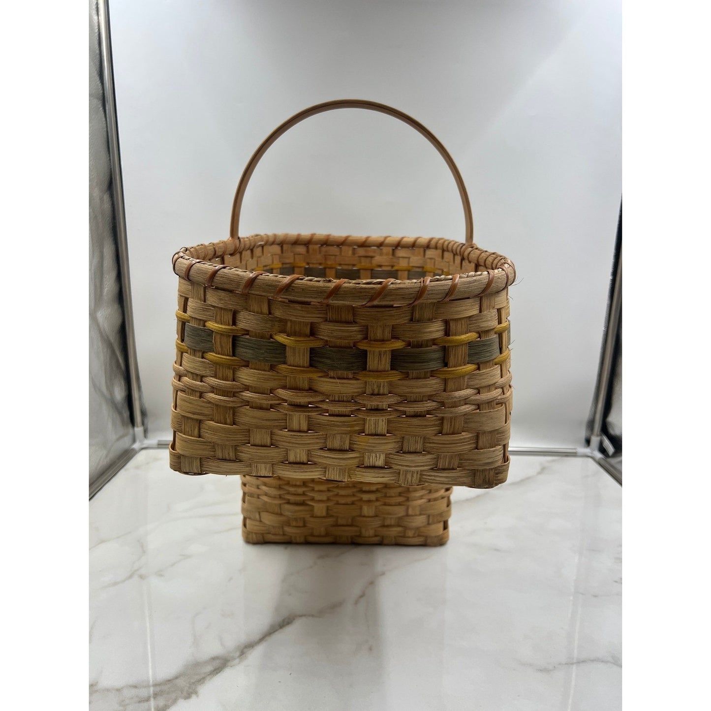 VTG Handmade Woven Stair Basket Wooden Handle Rustic Step Storage Natural Brown