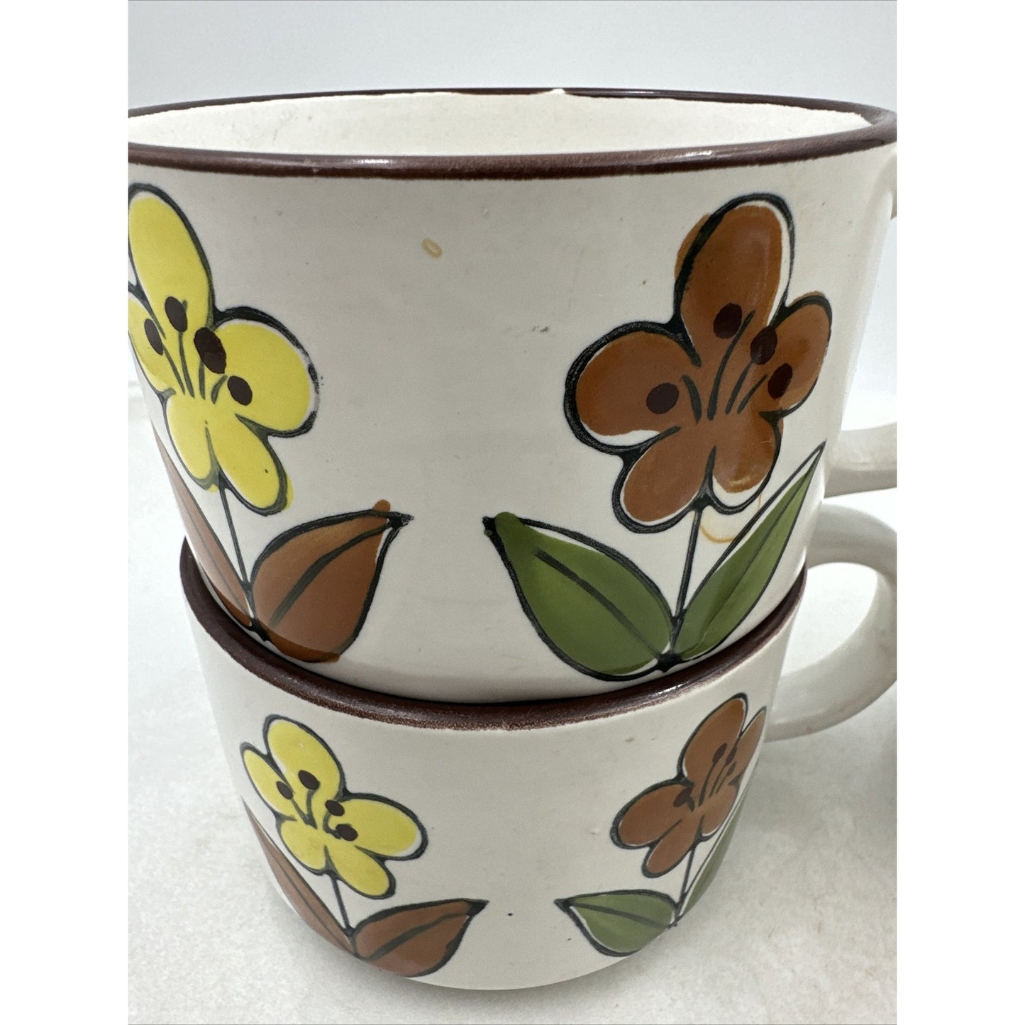Vintage Pottery Soup Mugs Bowls Handled Mid Century Flowers Retro Lot of 4