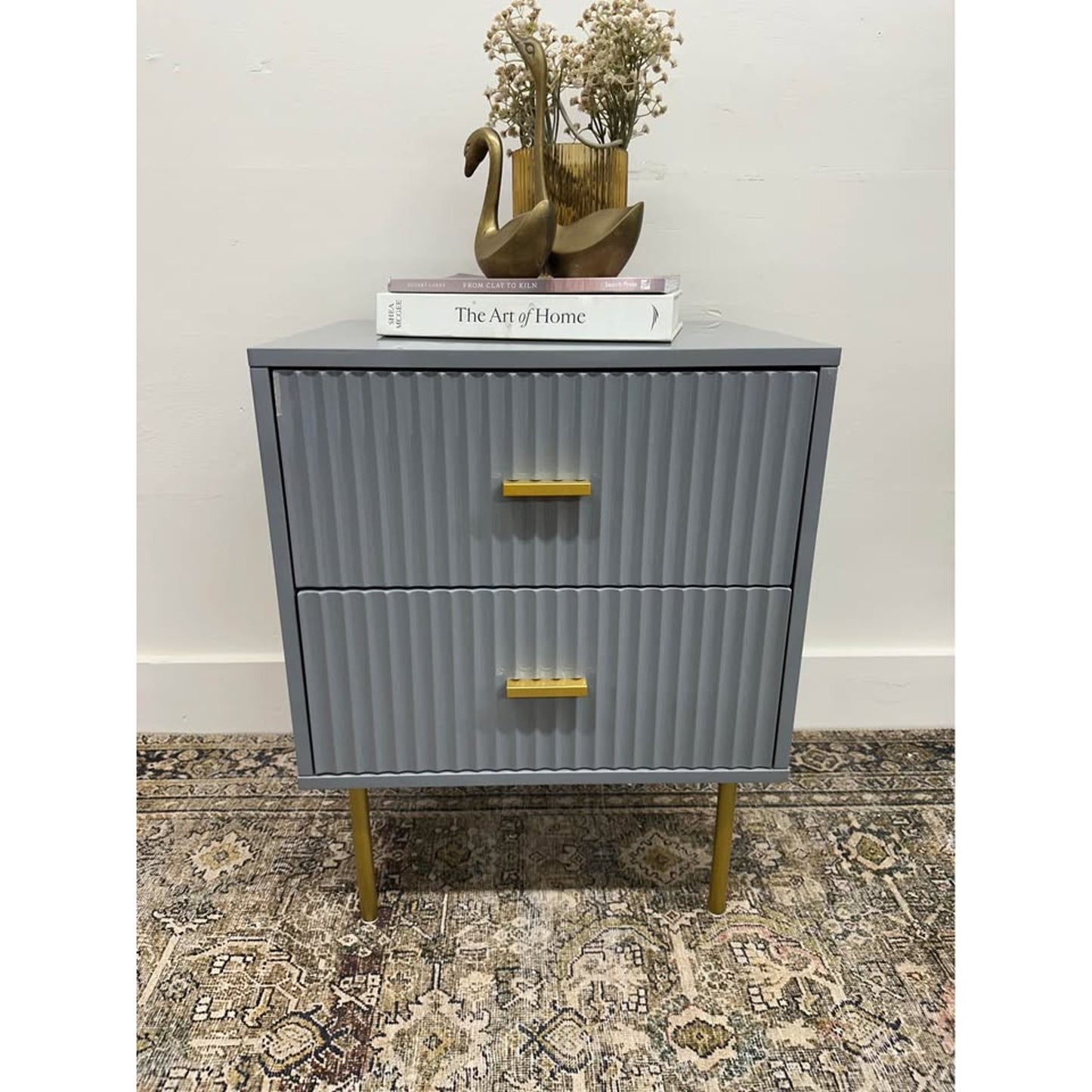 Ceandro 2 Drawer Nightstand-GREY High Gloss Laquer Gold Legs MCM Style - Has Flaw