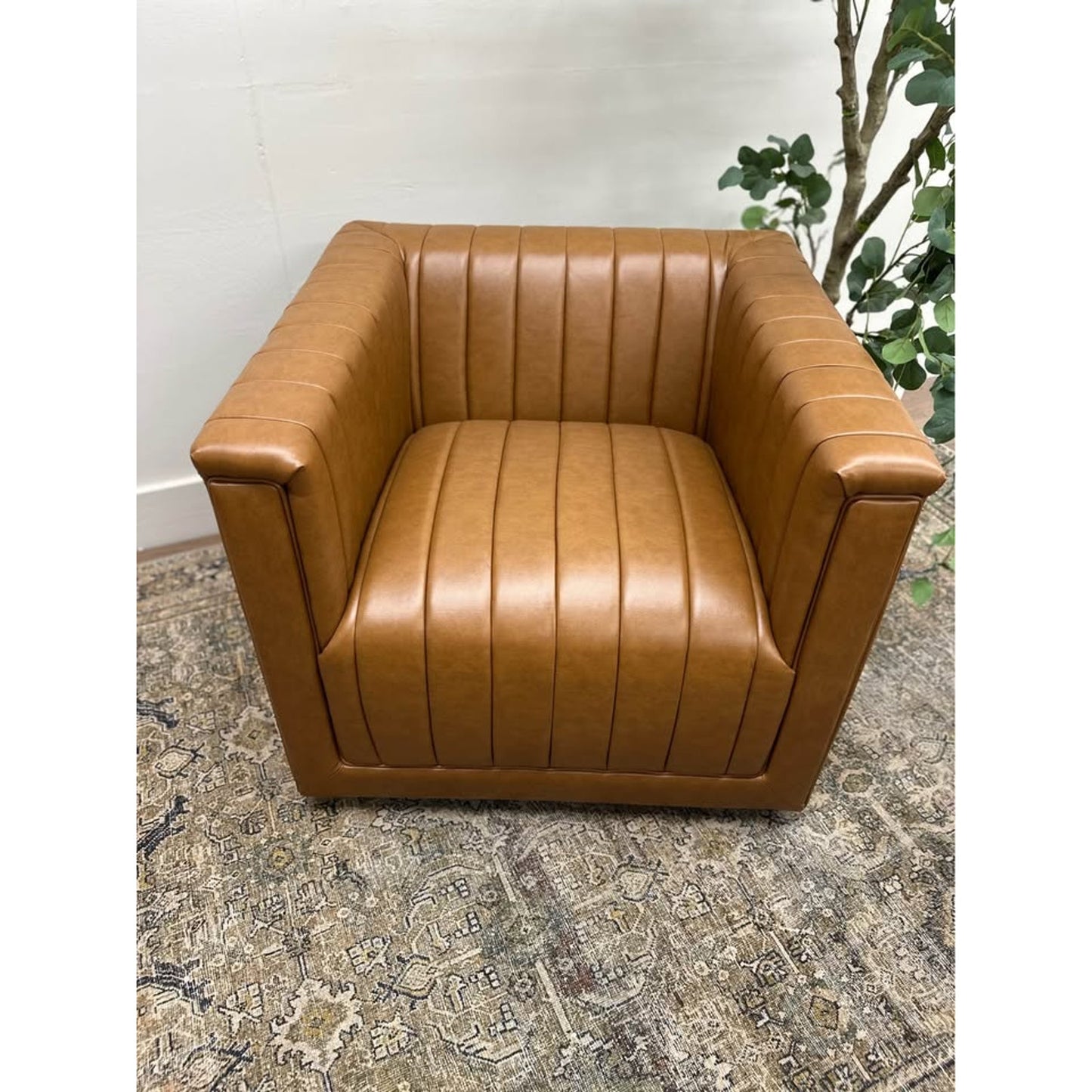 Esteban Swivel Chair-CAMEL Color Vegan Leather Channel Tufting Swivel Armchair Aviator New Karat