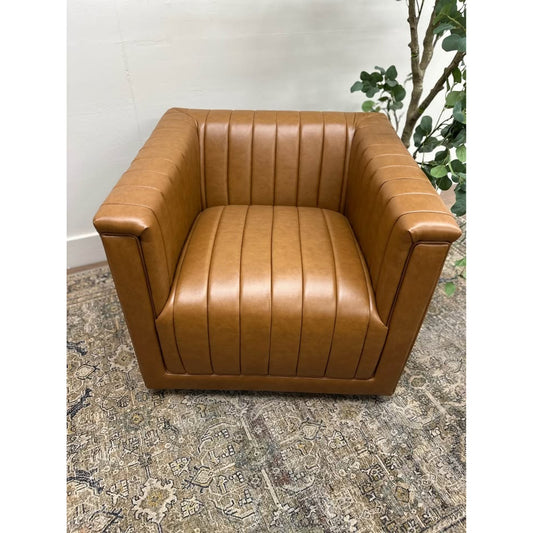 Esteban Swivel Chair-CAMEL Color Vegan Leather Channel Tufting Swivel Armchair Aviator New Karat