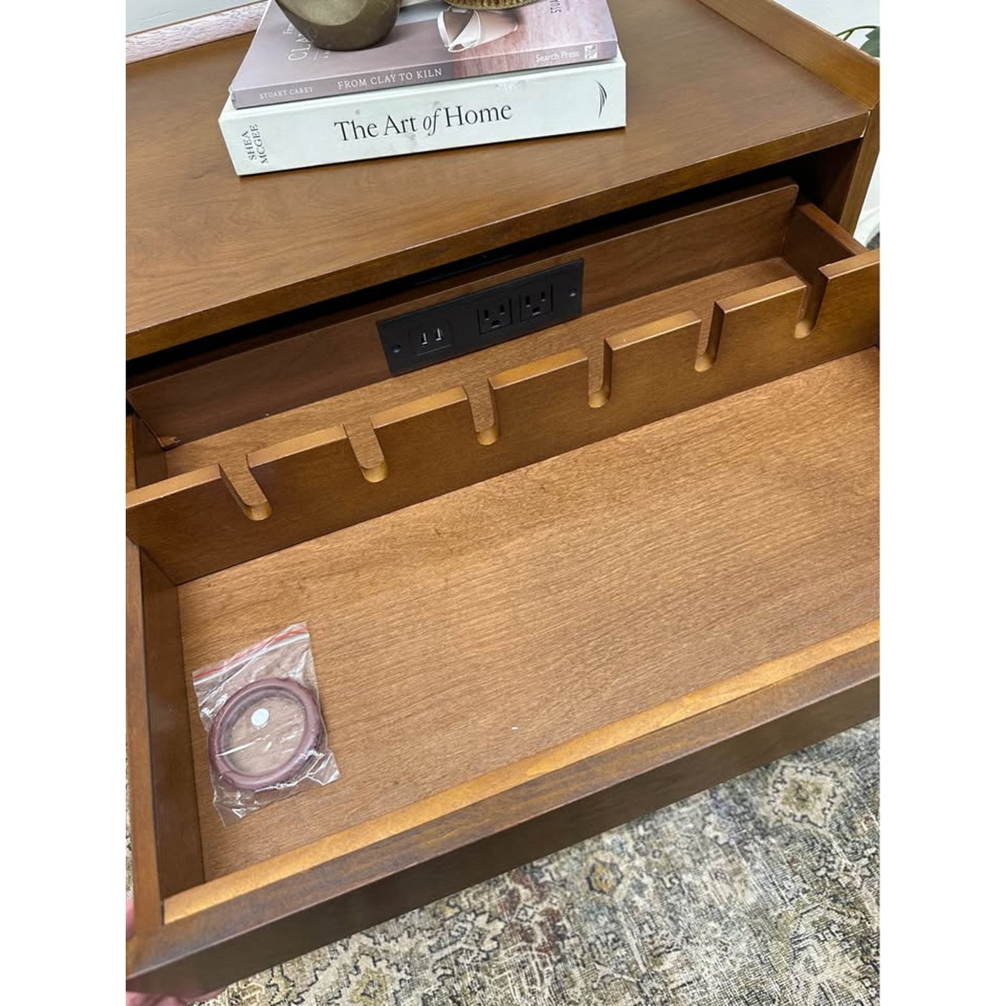 Florrie 3 Drawer Nightstand Walnut Finish Wood MCM Style Built in Outlet