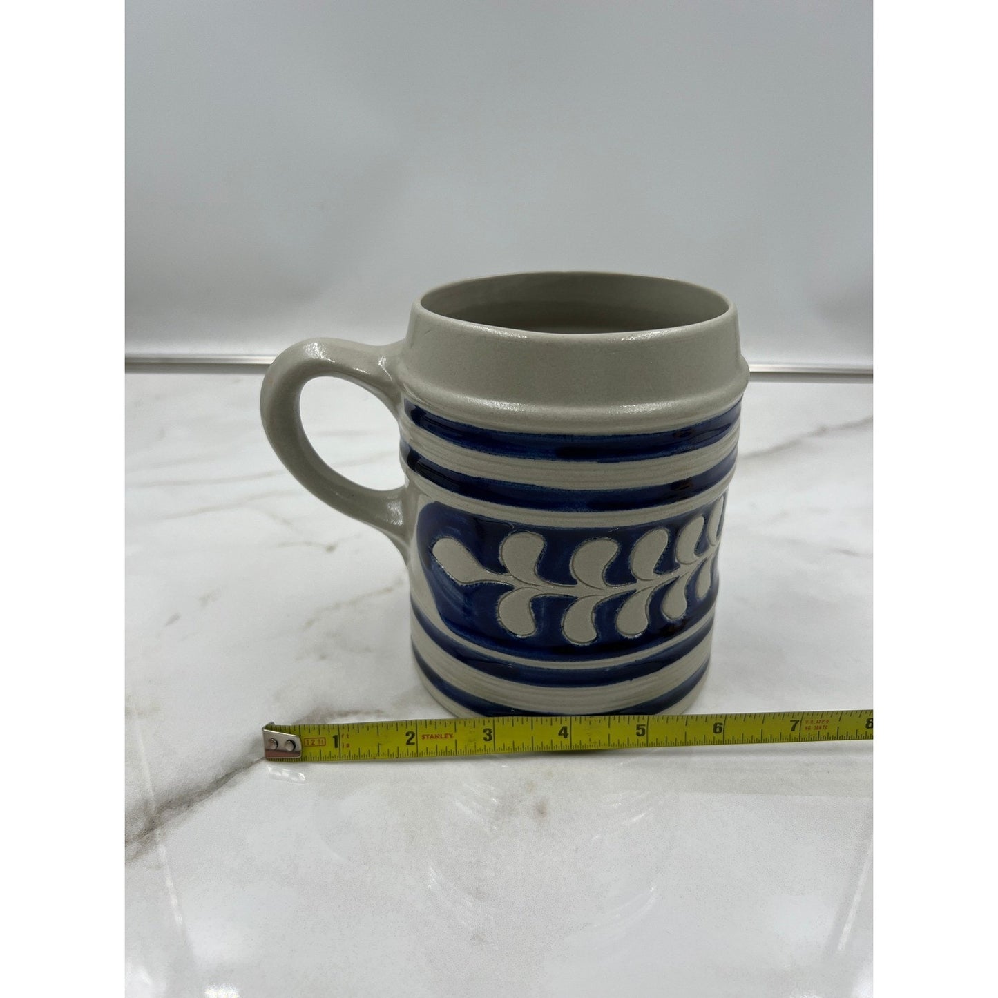 Vintage Salt Glaze Stoneware Beer Stein Cobalt Blue Leaf Pattern Ceramic Mug 5in