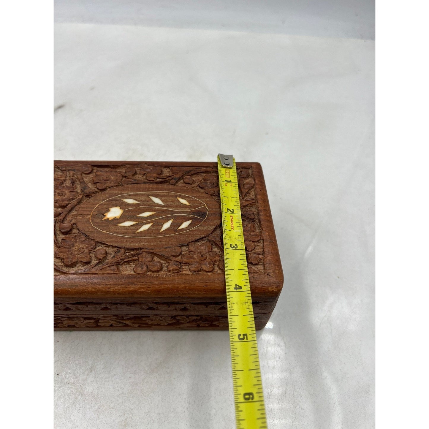 Hand Carved Wooden Jewelry Box Trinket Keepsake Ornate Floral Inlay