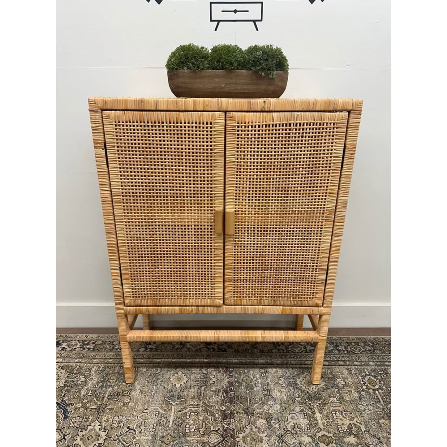 Natural Rattan Storage Cabinet - 3-Tier Handwoven Wicker Accent Cabinet Double Doors Elevated Base