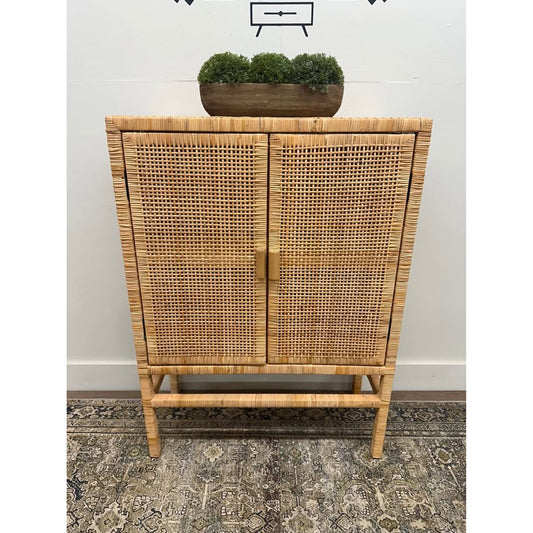 Natural Rattan Storage Cabinet - 3-Tier Handwoven Wicker Accent Cabinet Double Doors Elevated Base