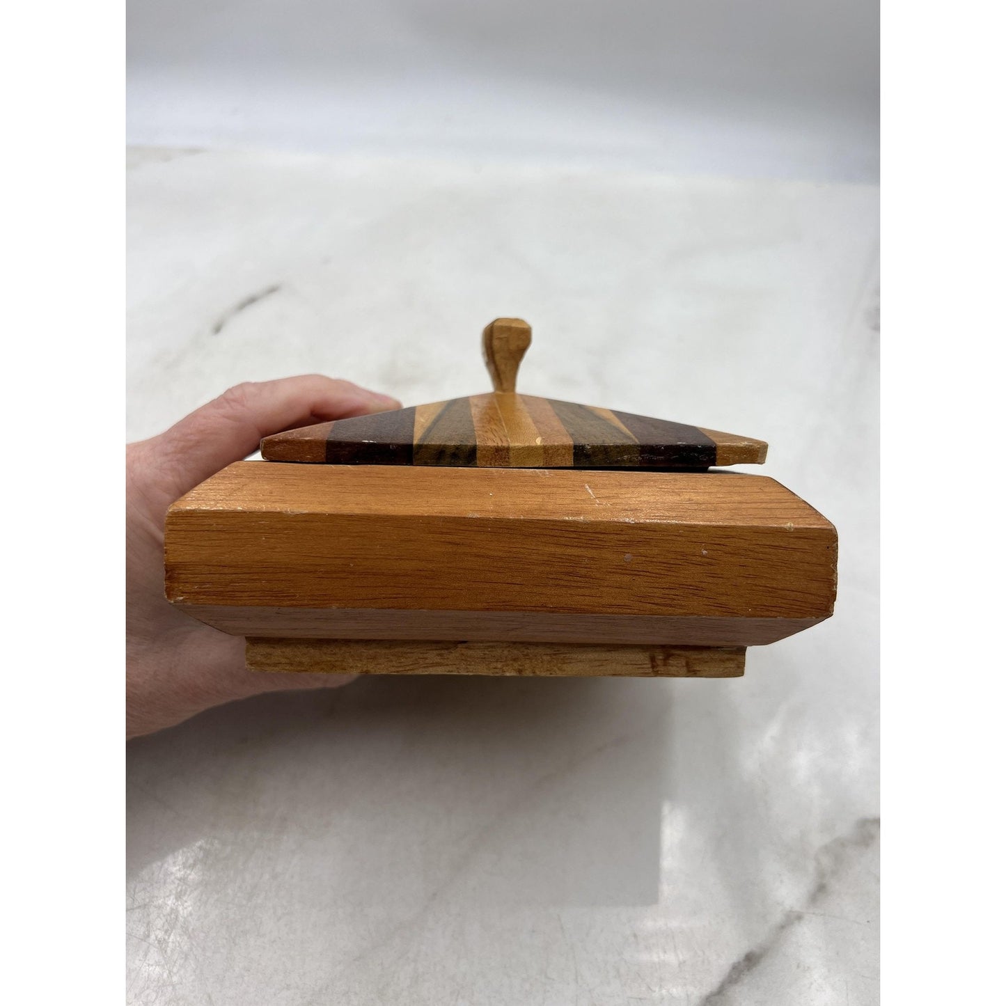 Vintage Handmade Striped Wood Jewelry Box Velvet Lined Lid Geometric Square 6"