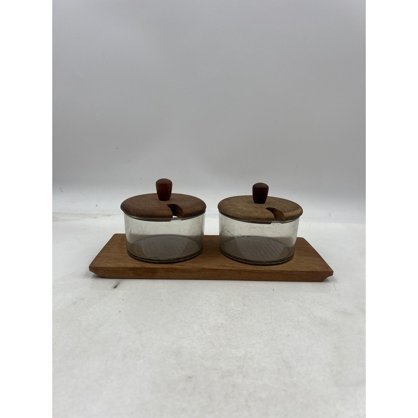 Luthje Wood Teak Glass Double Condiment Jar Set w/ Tray Danish Modern MCM