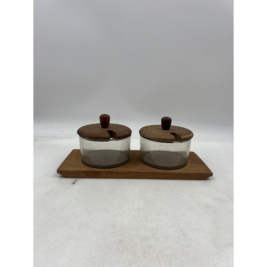 Luthje Wood Teak Glass Double Condiment Jar Set w/ Tray Danish Modern MCM