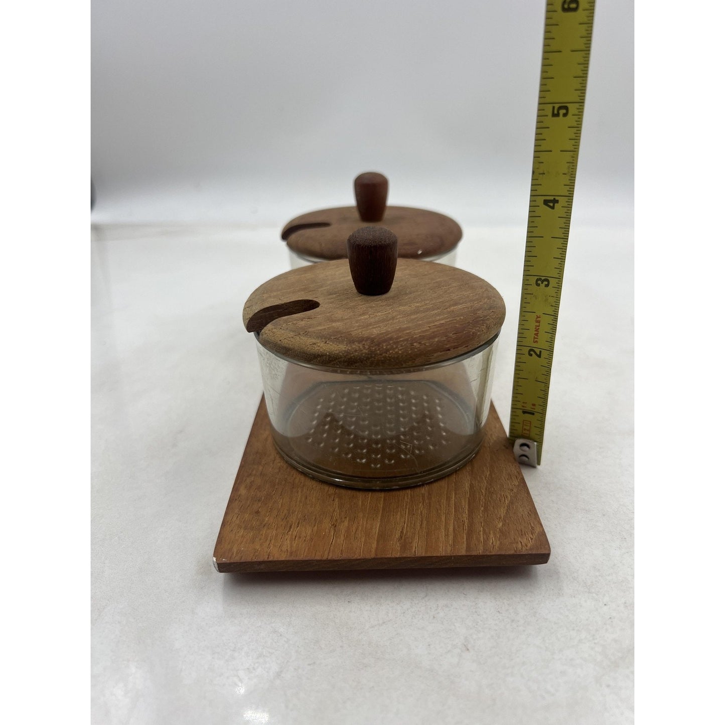 Luthje Wood Teak Glass Double Condiment Jar Set w/ Tray Danish Modern MCM