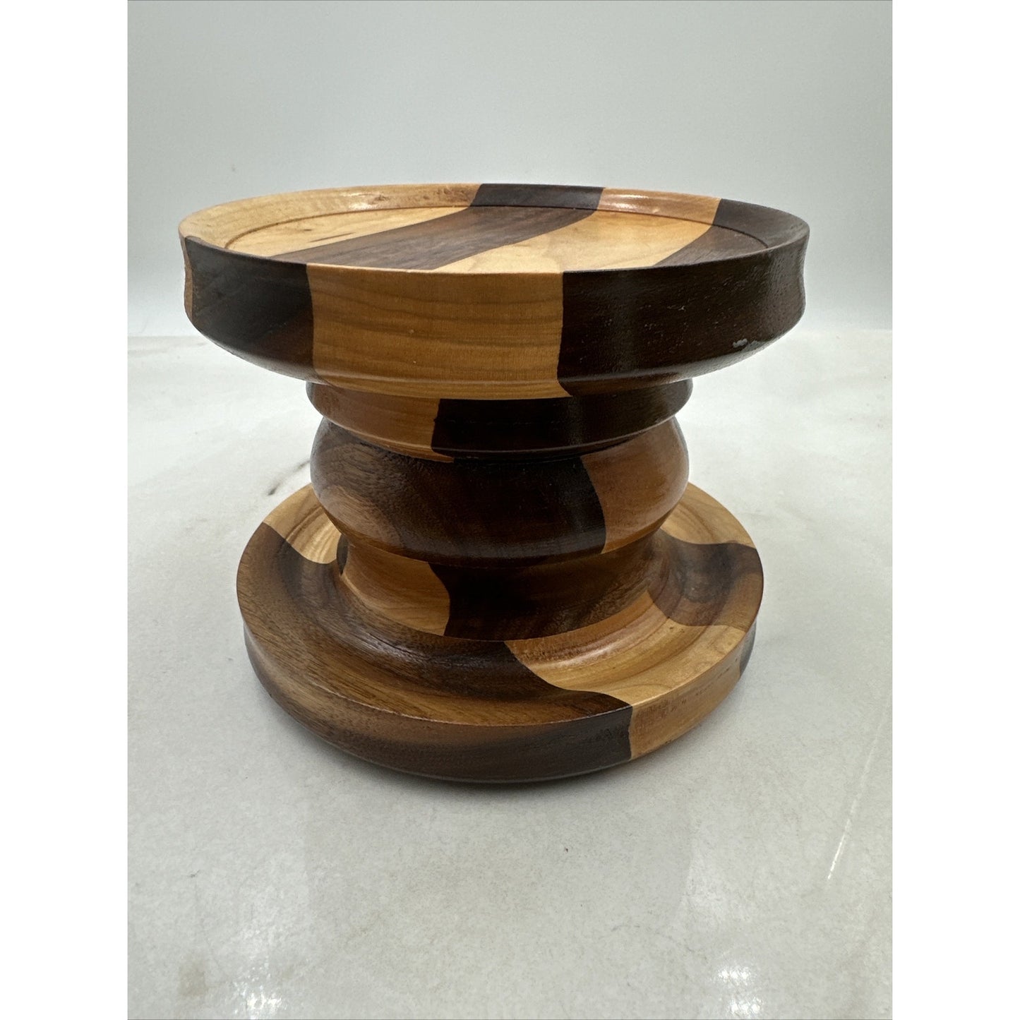 Vintage Wood Pillar Candle Holder Multi Toned Round -5" Tall- 6" Diameter