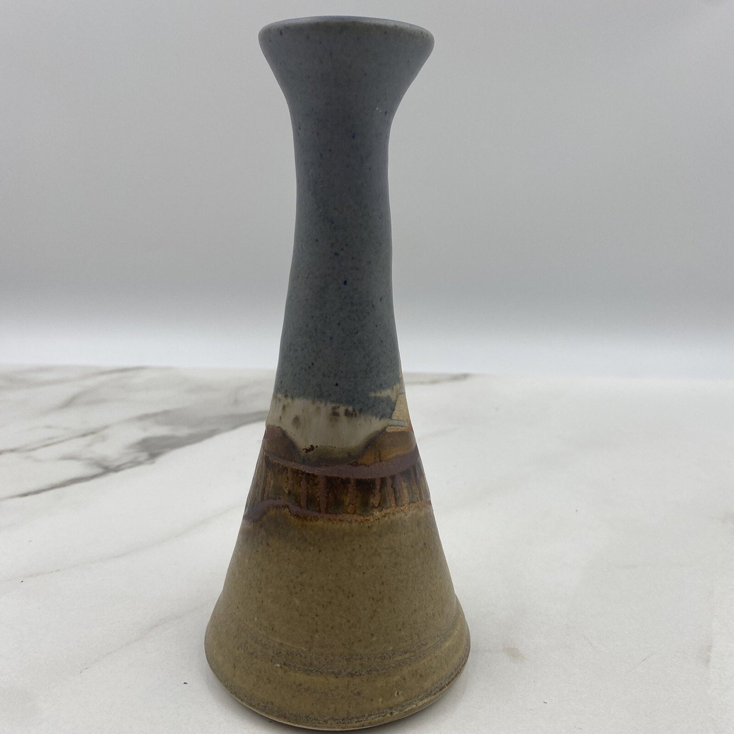 Studio Pottery Vase Signed Mountain Scene 8” Tall Blue Tan Vintage