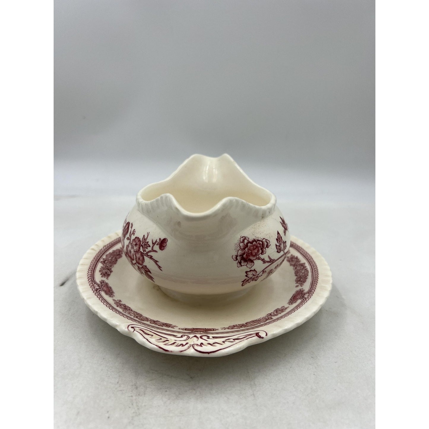 Vintage Mason's Manchu Ironstone Gravy Boat Saucer Red Floral England 9" Ceramic