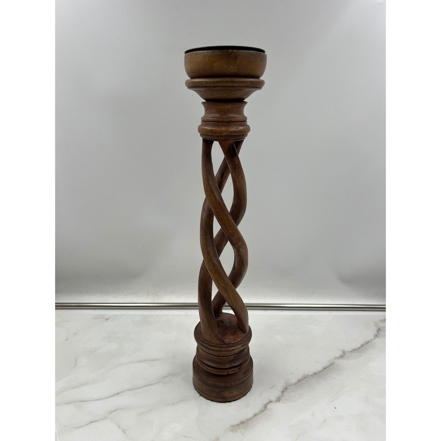 VTG Wooden Barley Twist Candlestick Holder Tall 18 Inch Spiral Carved Wood India