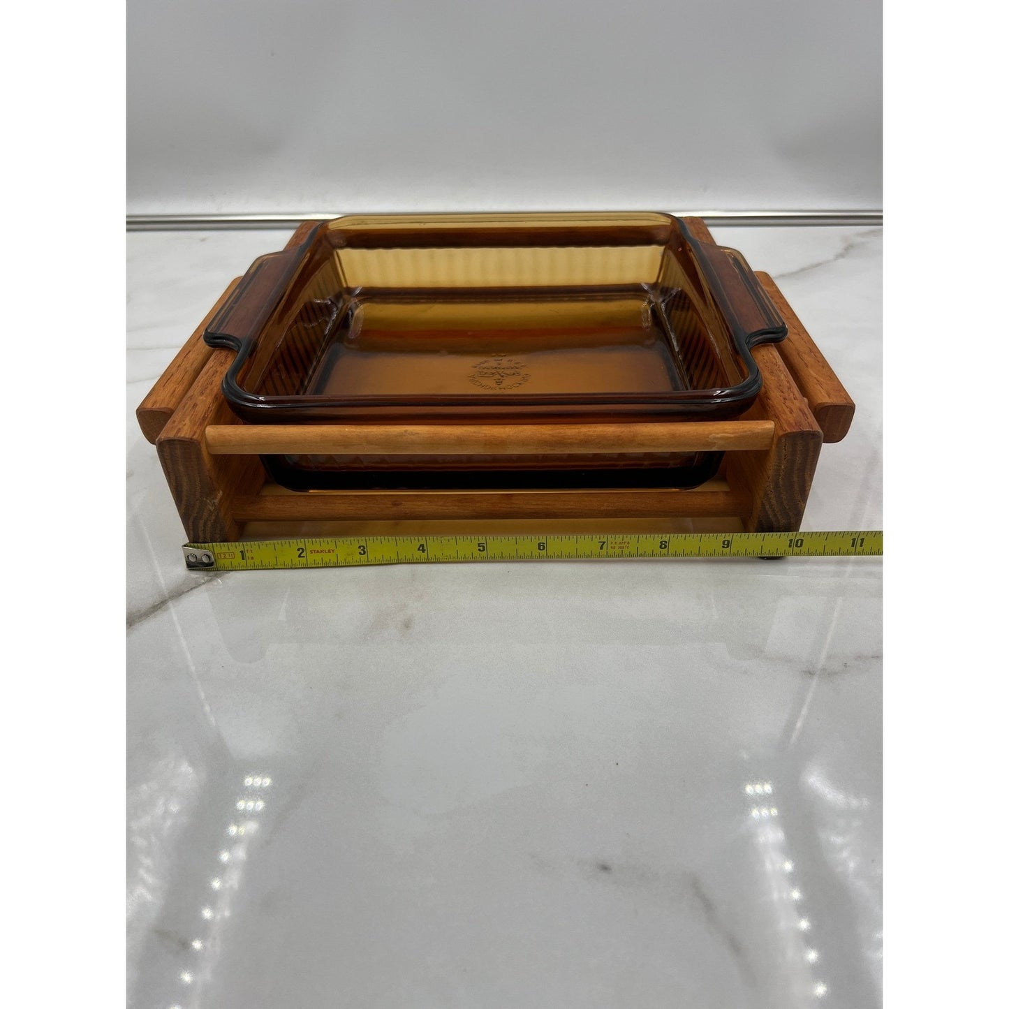 VTG Fire King Amber Glass Baking Dish Wood Cradle Anchor Hocking MCM