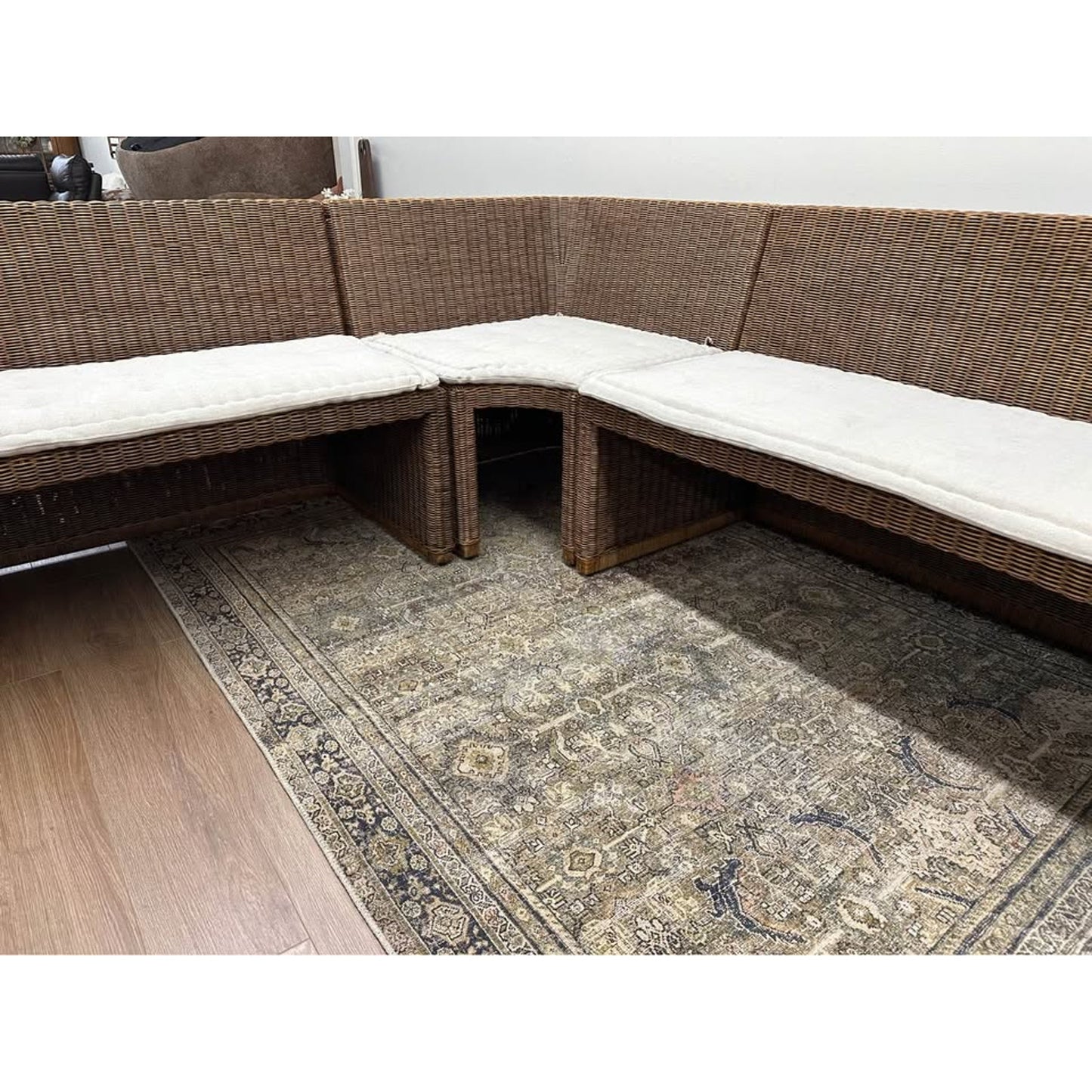 Amber Lewis x Four Hands Senna L Shaped Dining Bench Wicker Tan Cushions