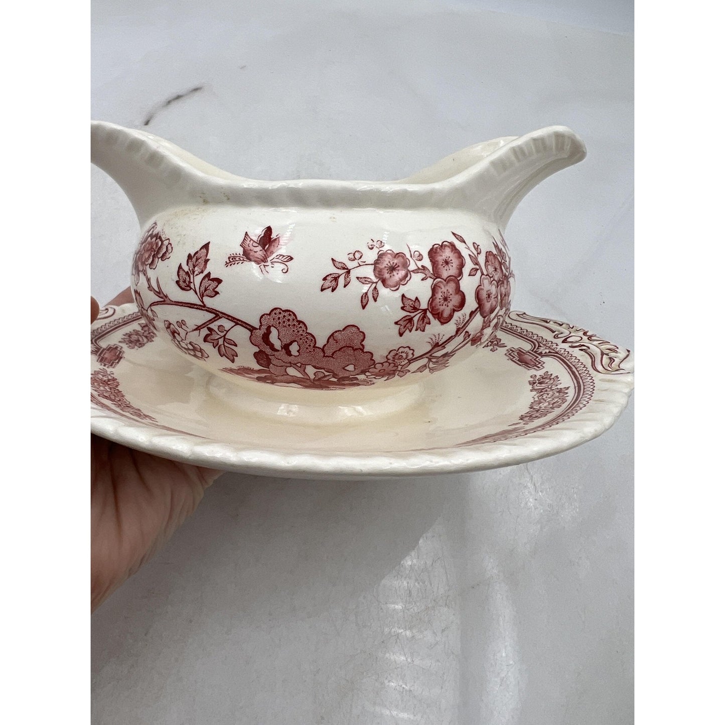 Vintage Mason's Manchu Ironstone Gravy Boat Saucer Red Floral England 9" Ceramic