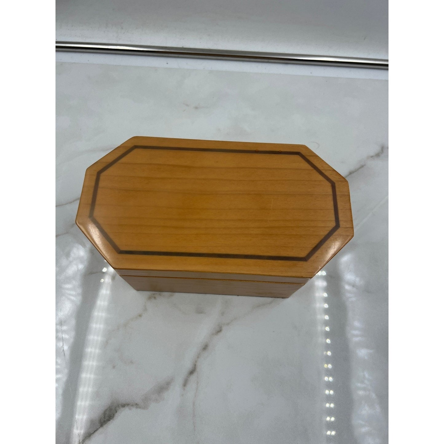 Vintage Octagon Wood Jewelry Box Inlay Detail and Removable Tray Brown Velvet
