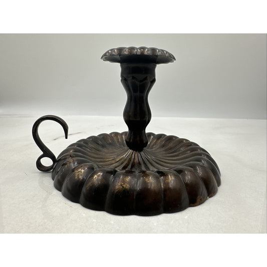 Vtg Brass Candle Holder Finger Loop Handle Scallop Ribbed Mid Century 5” India