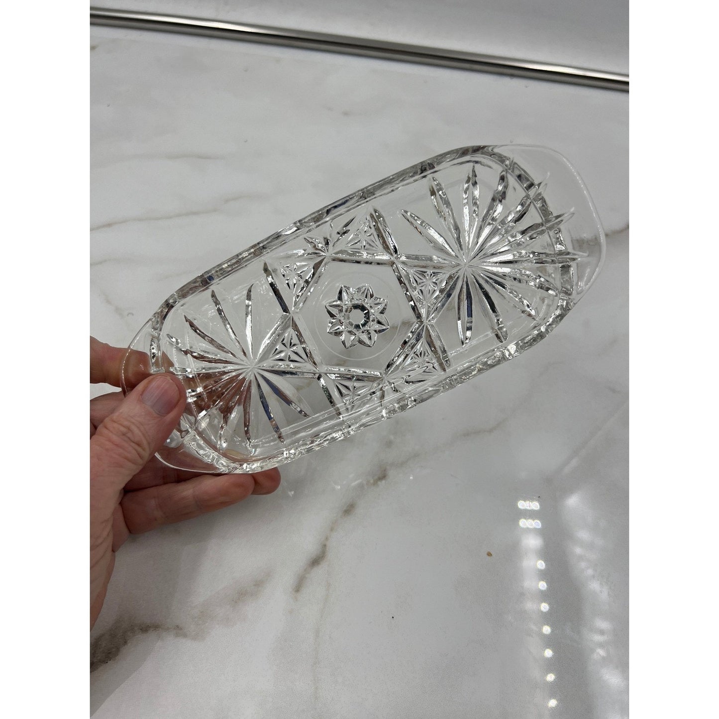 Butter Dish Vintage Clear Pressed Glass with Lid Starburst Diamond Pattern