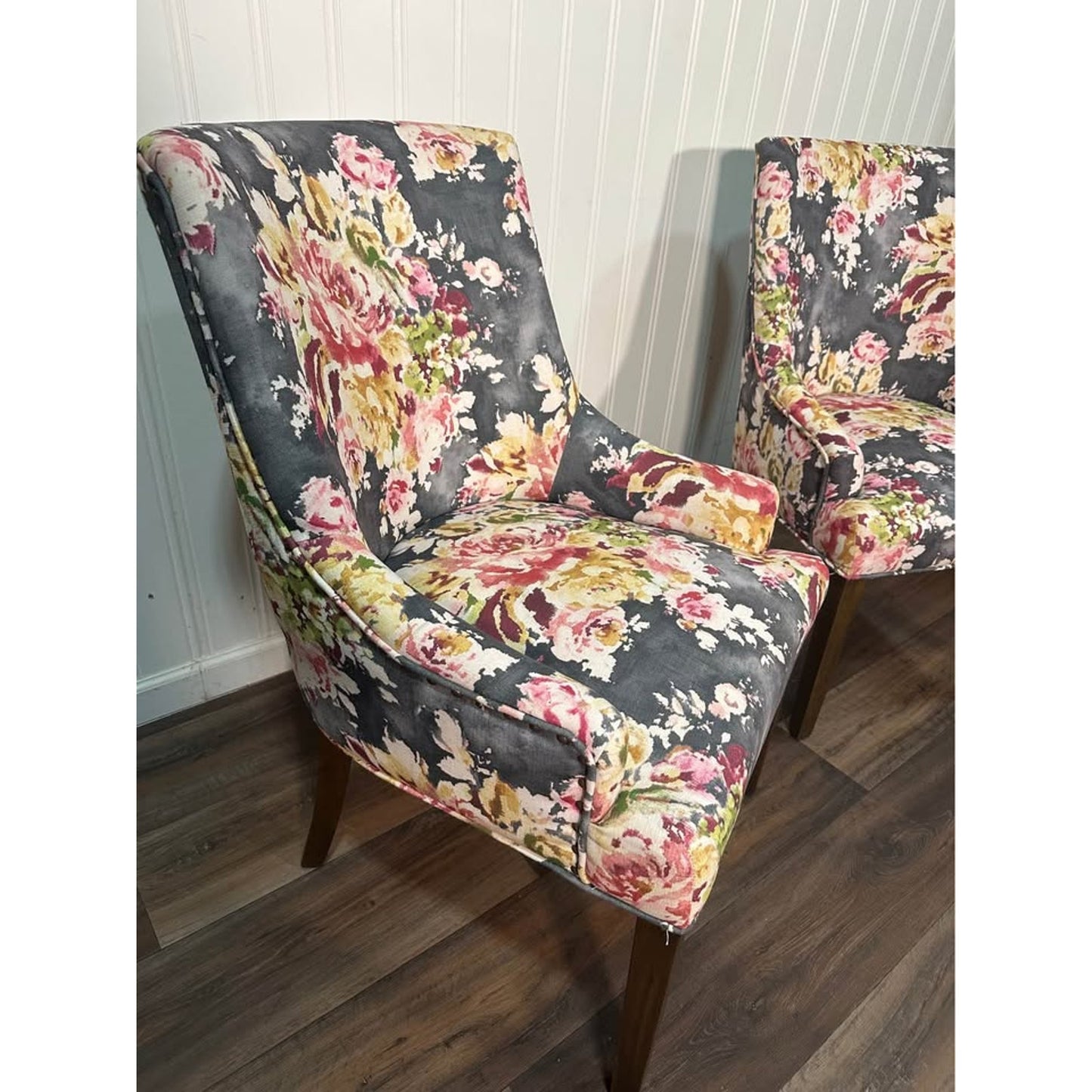 Grandin Road Armchairs Floral Fabric Covered Dining Kitchen Gray Set of 2