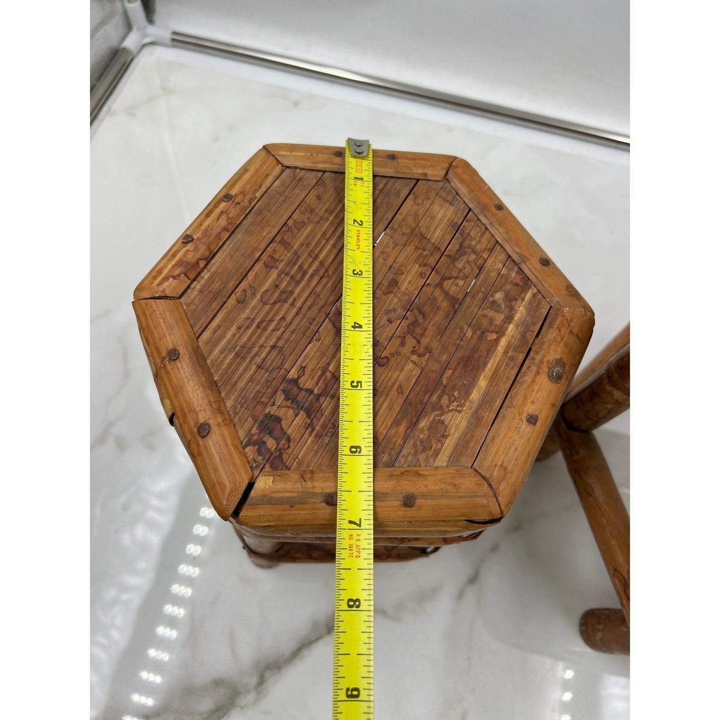 Vintage Tortoise Bamboo Octagon Stool Plant Stand Stackable Set of 2