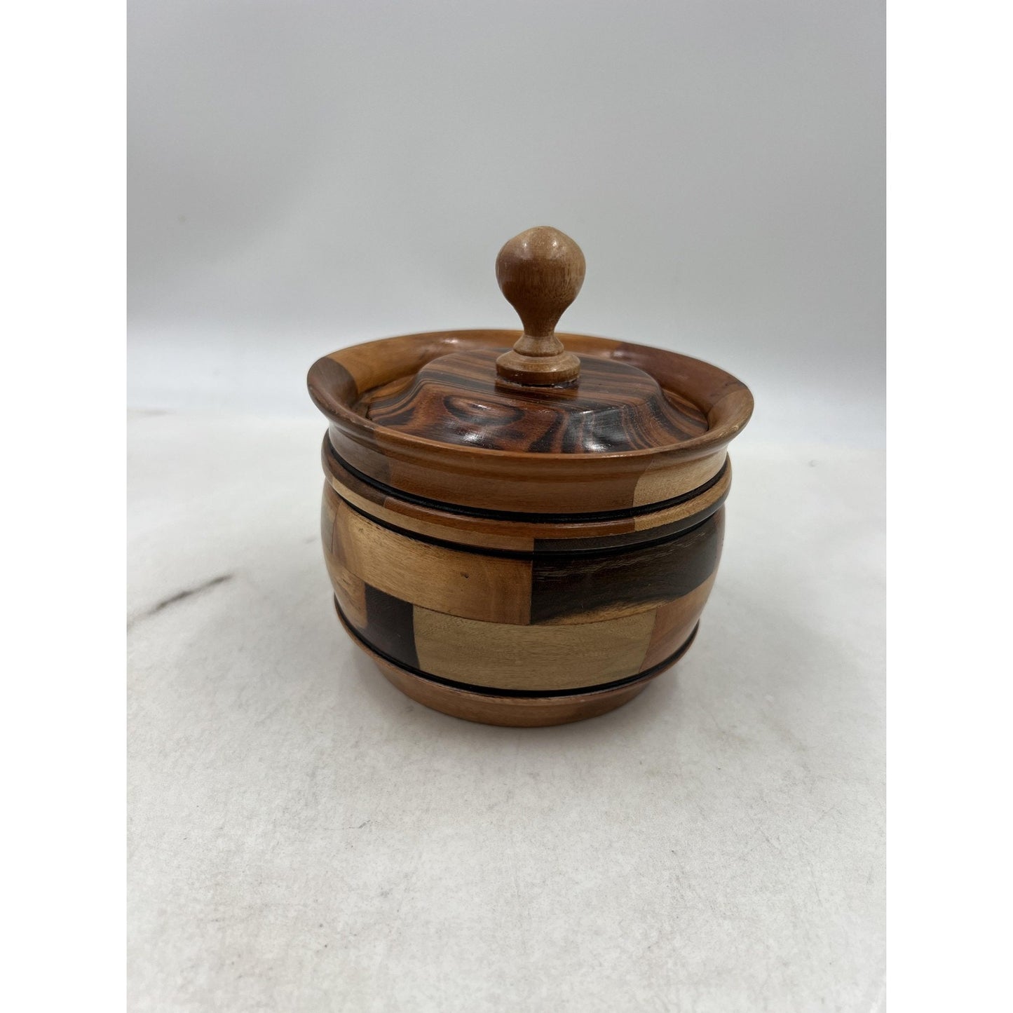 Handmade Wood Lidded Trinket Box Container Multi-Tone Carved Decorative Storage