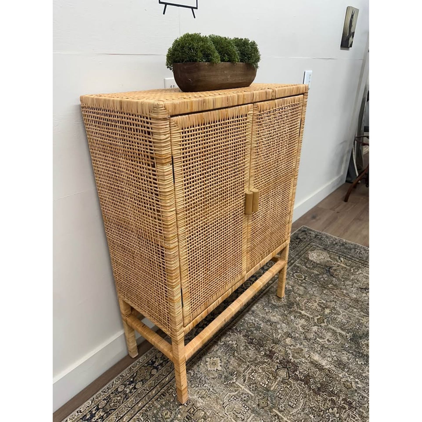 Natural Rattan Storage Cabinet - 3-Tier Handwoven Wicker Accent Cabinet Double Doors Elevated Base